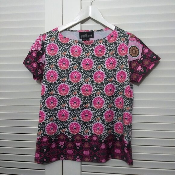 Carole Little Tee Top Pink Floral Border Print Knit Top Size Small - Picture 9 of 9